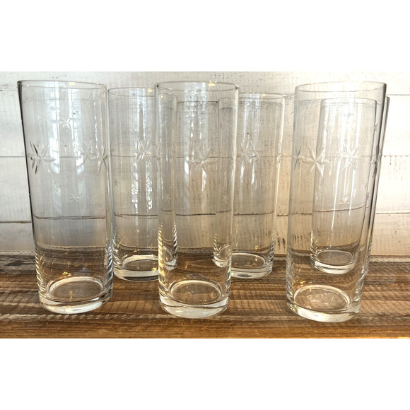 Set 6 Vintage MCM Barware Quartzex Crystal Star Dust Atomic Cooler Glasses 7" - Picture 1 of 5